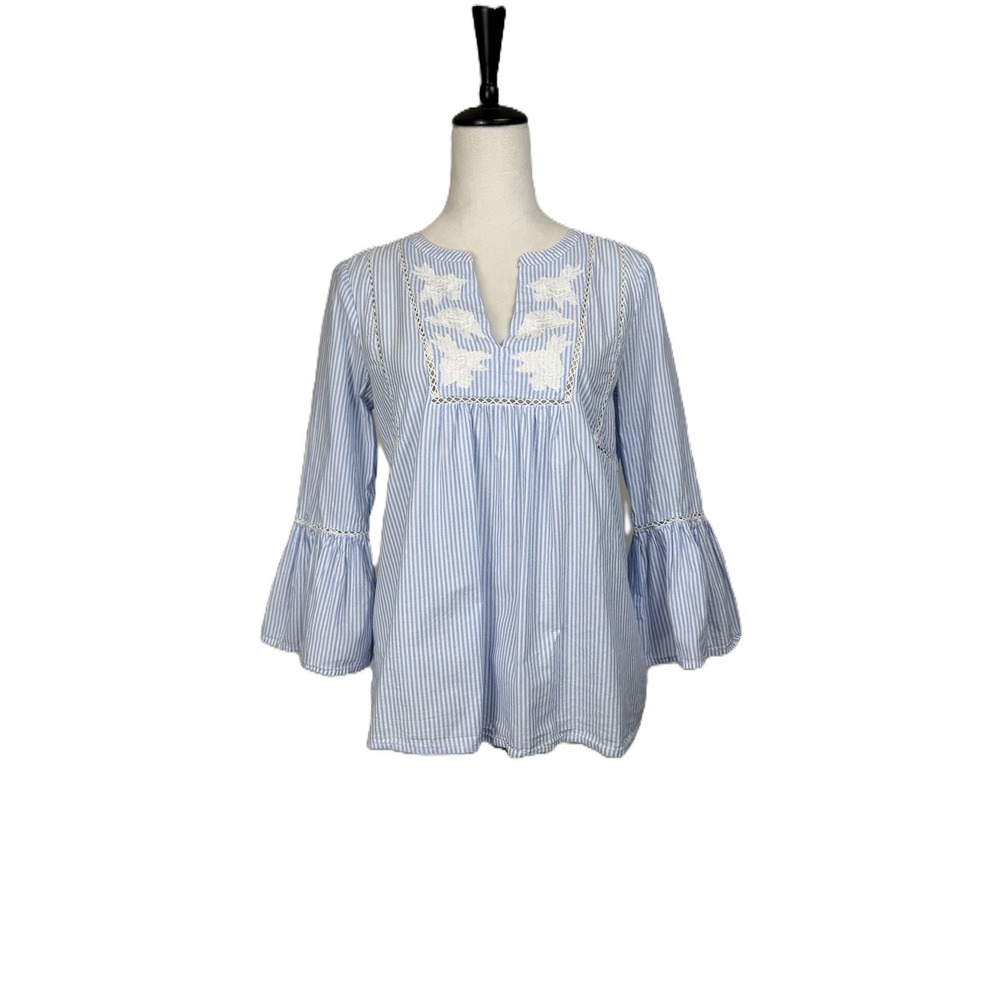 GAP Women's Blue White Striped‎ Embroidered Neck Bell Sleeve Boho Blouse Small